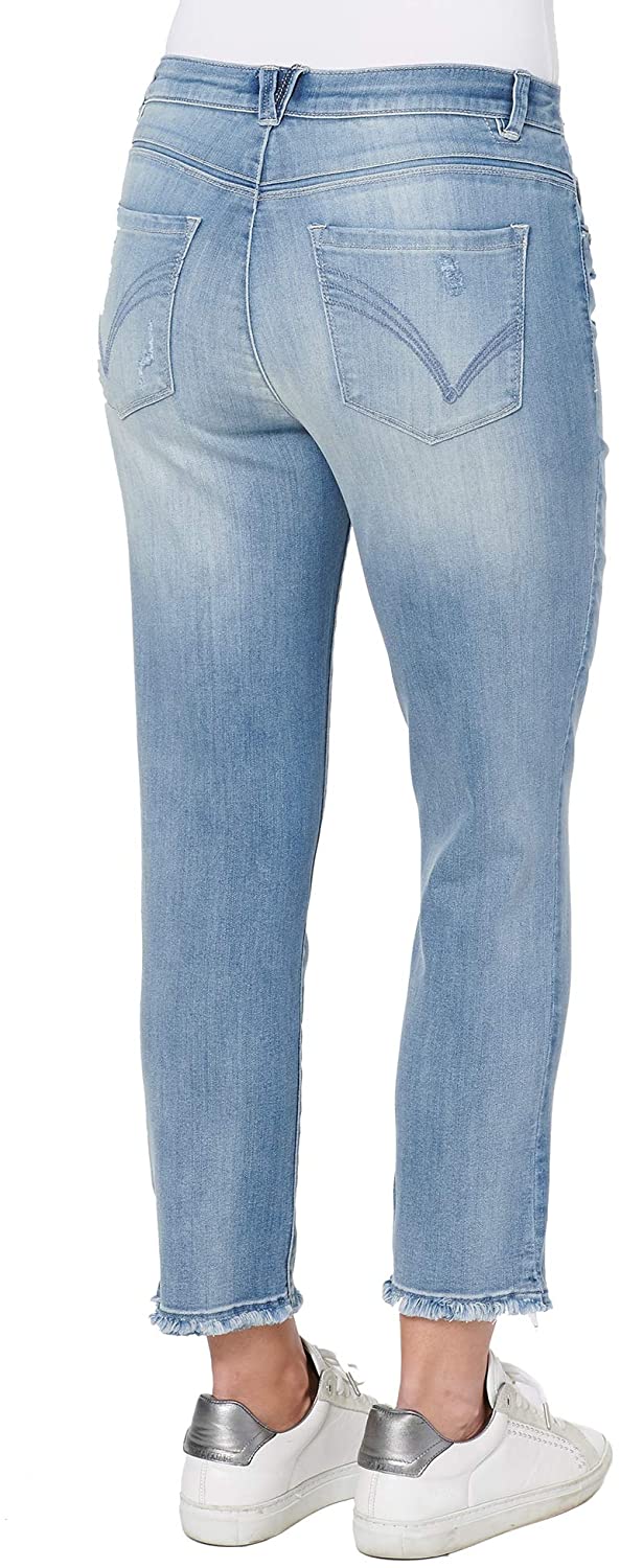 Light-blue wash High-waisted slim straight-leg jeans whiskering, hand sanding, and distressing throughout Zip-front button closure Five-pocket style The strategically placed coin pocket provides a figure-flattering look.