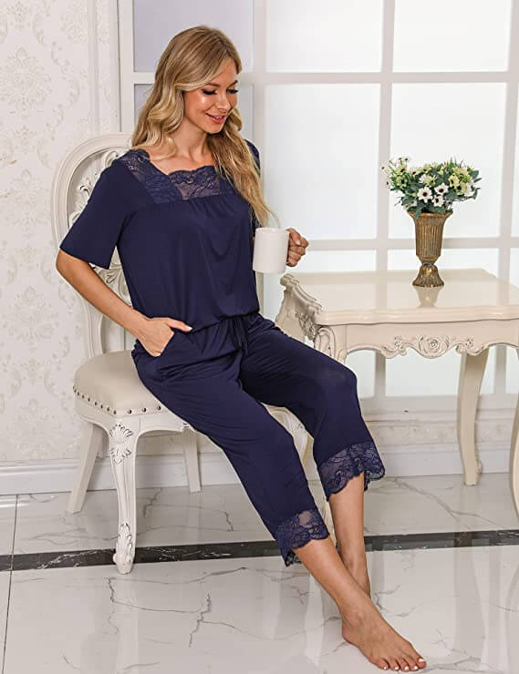 Vintage Lace Square Collar Top and Capris Pajama Set