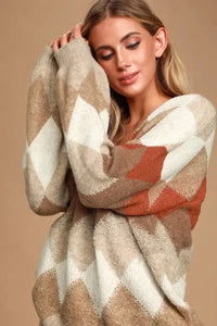 Anna Argyle Oversized V-Neck Sweater Jolie Vaughan Mature Women's Clothing Online Boutique, s, Argyle sweaters women's, Women's Fall Sweaters 2021, Women's Sweaters 2021, Jolie Girl, Jolie J, Jolie Boutique, Mature Womens Modest Fashion