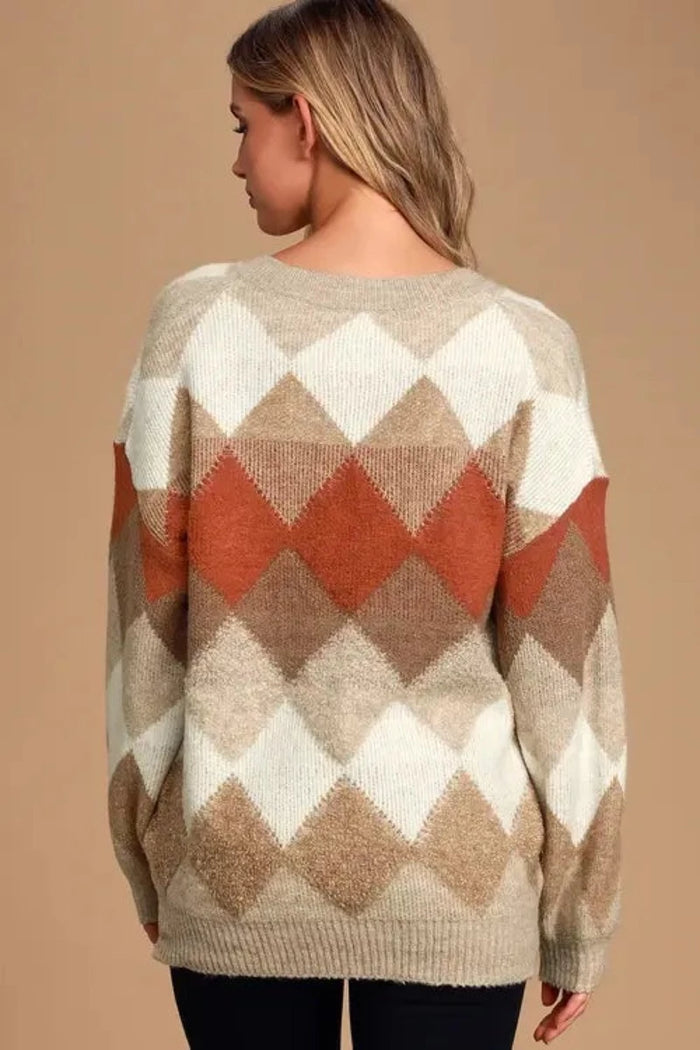 Anna Argyle Oversized V-Neck Sweater Jolie Vaughan Mature Women's Clothing Online Boutique, s, Argyle sweaters women's, Women's Fall Sweaters 2021, Women's Sweaters 2021, Jolie Girl, Jolie J, Jolie Boutique, Mature Womens Modest Fashion