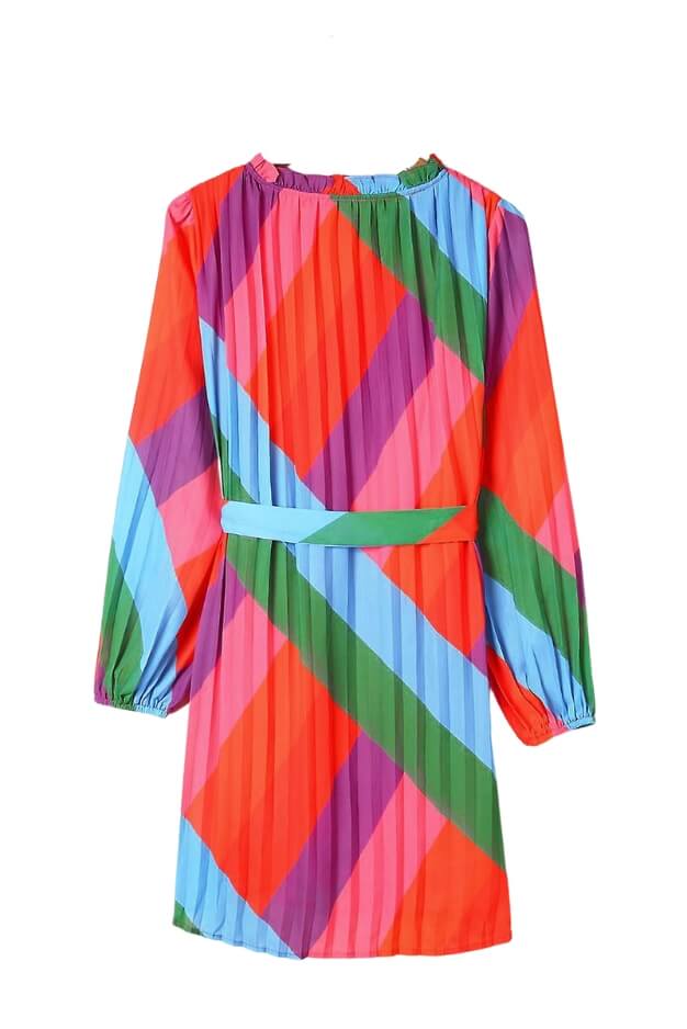 Color Block Pleated Long Sleeve Dress