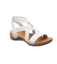 BEARPAW Women's Brea Sandals in Silver_White with elastic cross straps and cork-wrapped midsole
