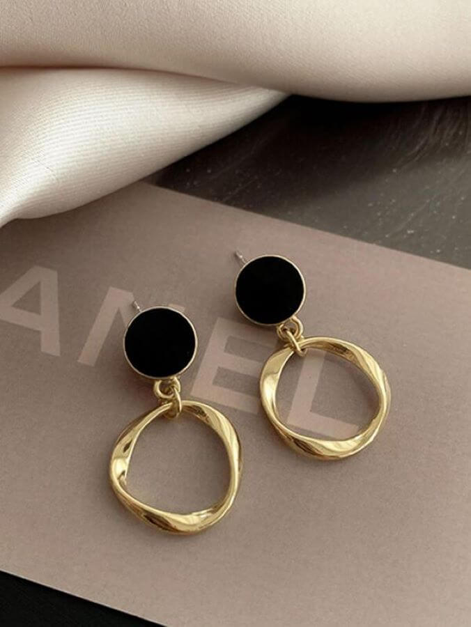 Black Enamel & Gold Twist-Drop Earrings