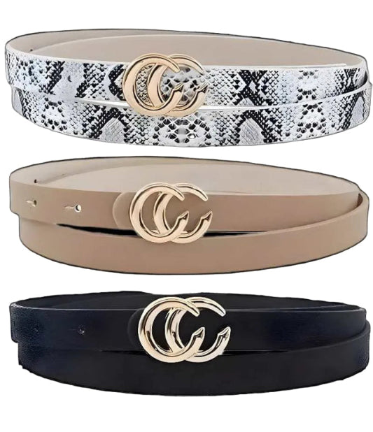 Three belts with gold buckle design on a white background