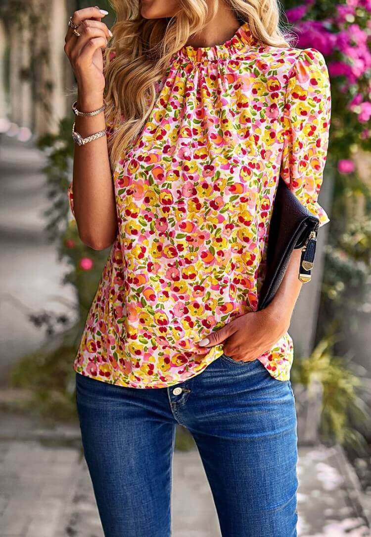 Womens Summer Tops Puff Sleeve Floral Short Sleeve Print Top Tops Loose Comfy  Blouse Lightweight Cute : : Clothing, Shoes & Accessories