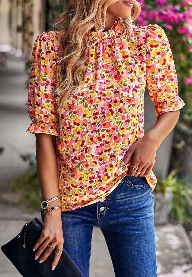 Boho Floral Ruffle Short Sleeve Blouse | Ruffle, Sleeve Puff