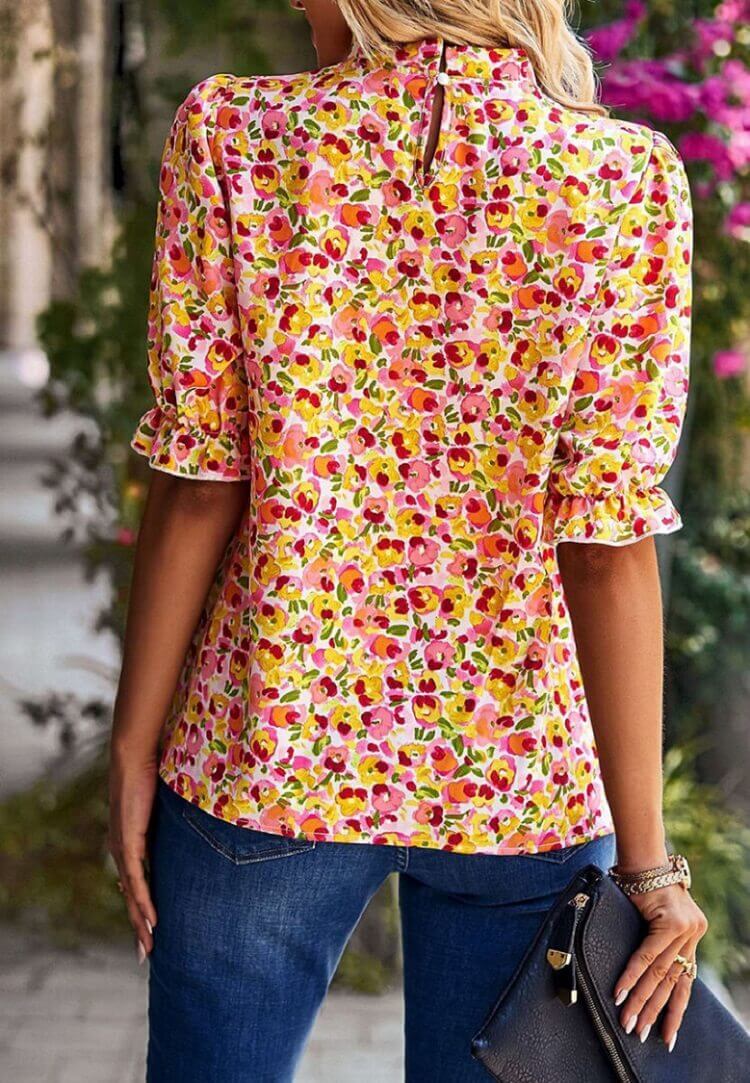 Boho Floral Ruffle Short Sleeve Blouse  Ruffle, Sleeve Puff Sleeve – Jolie  Vaughan Mature Women's Online Clothing Boutique