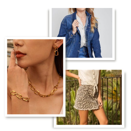 Jolie Vaughan Mature Women's Boutique has a variety of options and styles for women of every age and stage in life. [Image Description - a collage of three photos featuring a denim jacket, a gold chain jewelry set, and a leopard print skirt.]