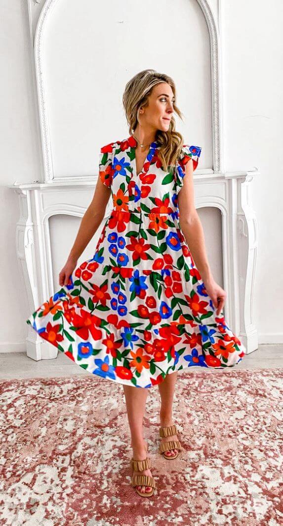 MariaKinz Women Floral Summer Casual Short Sleeve Knee Length Dress