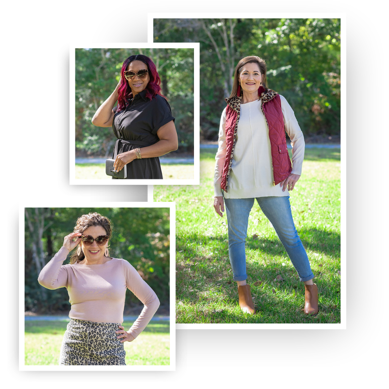 Try our free personal styling services! | Jolie Vaughan Boutique [Image Description - a collage of stylish women over 40 wearing outfits for mature women from Jolie Vaughan Boutique.]