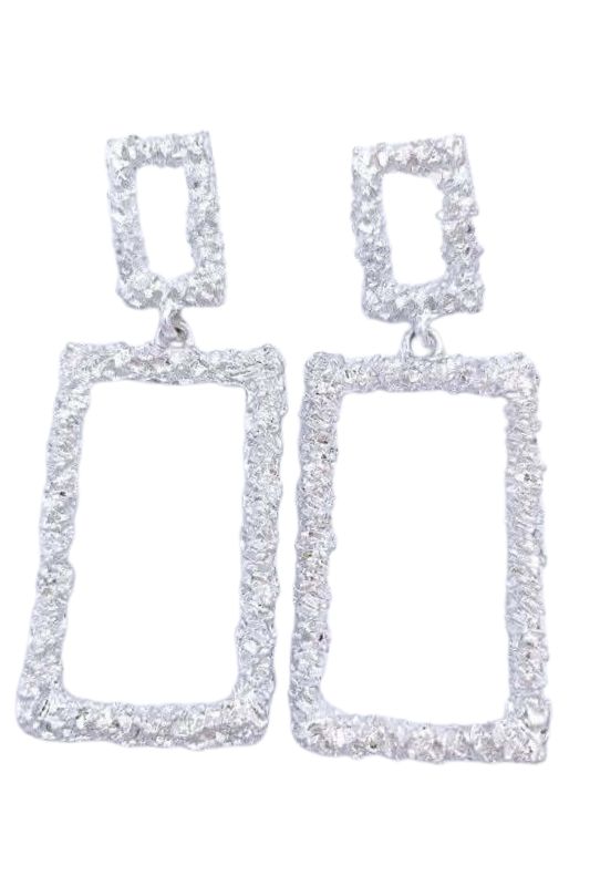 Rectangular Geometric Bling Drop Earrings in Silver. Crafted with intricate detailing, these silver drop earrings feature a unique geometric design that adds a touch of sophistication to any outfit. 