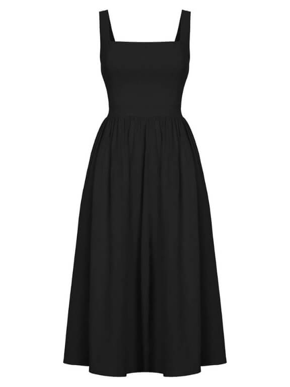 Sleeveless Square-Neck Midi Dress, a timeless black dress with a contemporary square neckline and flattering A-line cut. Versatile wide straps ensure day-long comfort and compatibility with your preferred bra. Perfect for casual outings, evenings, business, weekends, and gameday elegance. Transition to cooler months by layering with a denim jacket or cozy cardigan.