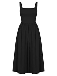 Sleeveless Square-Neck Midi Dress, a timeless black dress with a contemporary square neckline and flattering A-line cut. Versatile wide straps ensure day-long comfort and compatibility with your preferred bra. Perfect for casual outings, evenings, business, weekends, and gameday elegance. Transition to cooler months by layering with a denim jacket or cozy cardigan.
