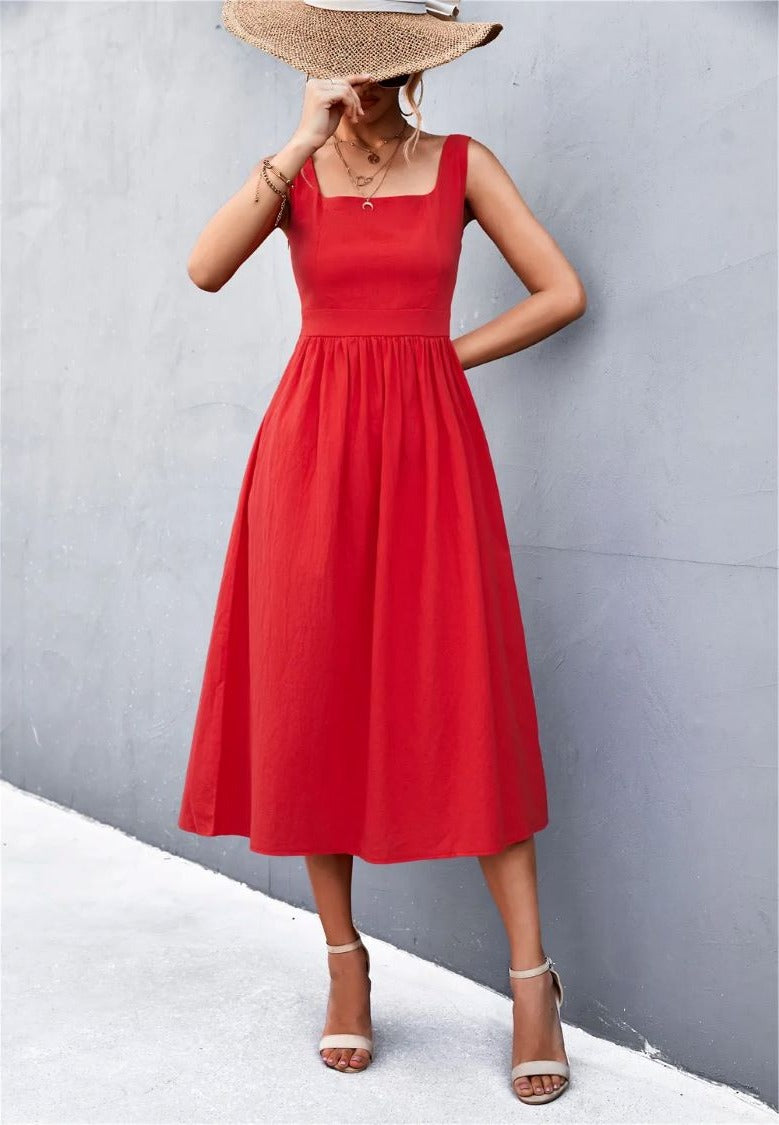 Elegant Red Midi Dress - Solid Square Collar A-line With Shirring