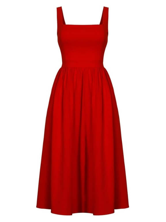 Sleeveless Square-Neck Midi Dress: A versatile, elegant red dress with a contemporary square neckline and wide straps for all-day comfort. The flattering A-line cut and timeless midi length make it perfect for any occasion.