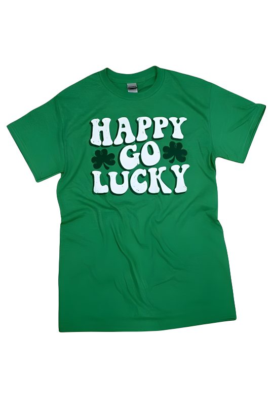 A plain green St. Patrick's Day T-shirt with 'HAPPY GO LUCKY' in white letters surrounded by four-leaf clovers.