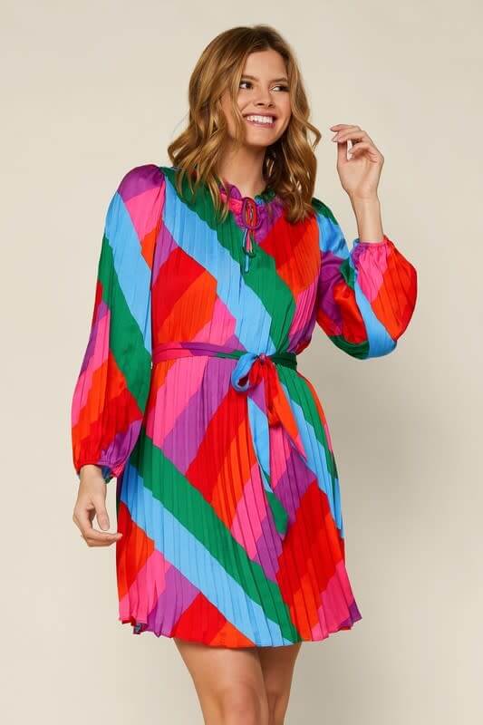 Color Block Pleated Long Sleeve Dress Color Block Pleated Long Sleeve Dress