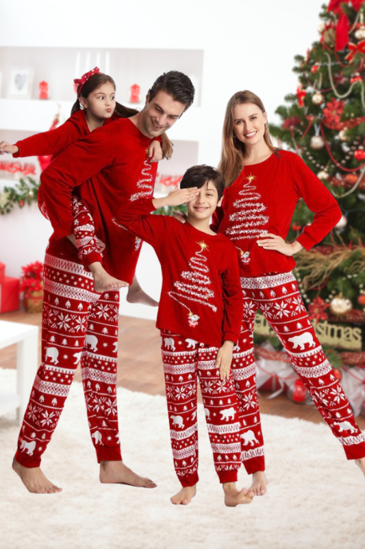 It's a PAJAMA PARTY! Enjoy red Christmas-themed pajamas for everyone in the family. Mom, dad, kids, and baby will love these comfy pajama sets.