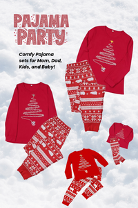 It's a PAJAMA PARTY! Enjoy red Christmas-themed pajamas for everyone in the family. Mom, dad, kids, and baby will love these comfy pajama sets.