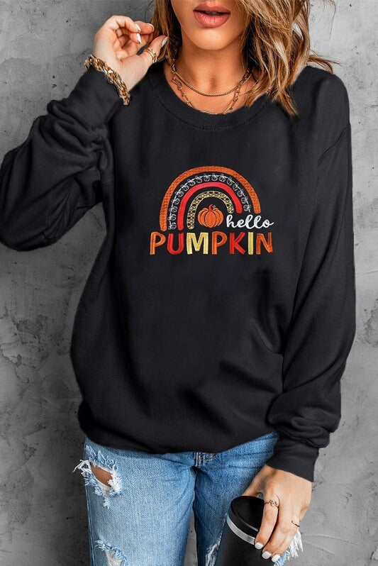 black sweatshirts for women-Hello Pumpkin Graphic Embroidered Sweatshirt-fall tops-seasonal sweatshirts-fall sweatshirt for mature women