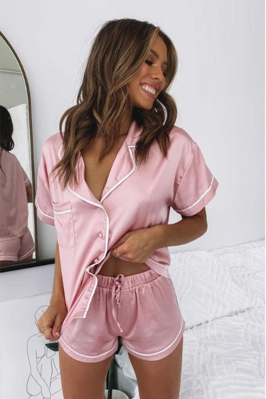 Satin Pajama Shirt Shorts Set