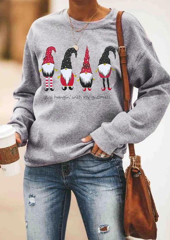 Just Hangin' With My Gnomies Christmas Sweatshirt Jolie Vaughan Mature Women's Clothing Online Boutique Christmas Sweatshirt, O-Neck, Long Sleeves, Casual Loose Fit, Printed With Three Cute Nordic Santa Gardening Gnomies Graphic, Funny Holiday Sweaters, Merry Christmas Sweatshirt, Funny Gnomies Sweatshirt, Funny Nordic Santa Gardening Gnome Sweatshirt