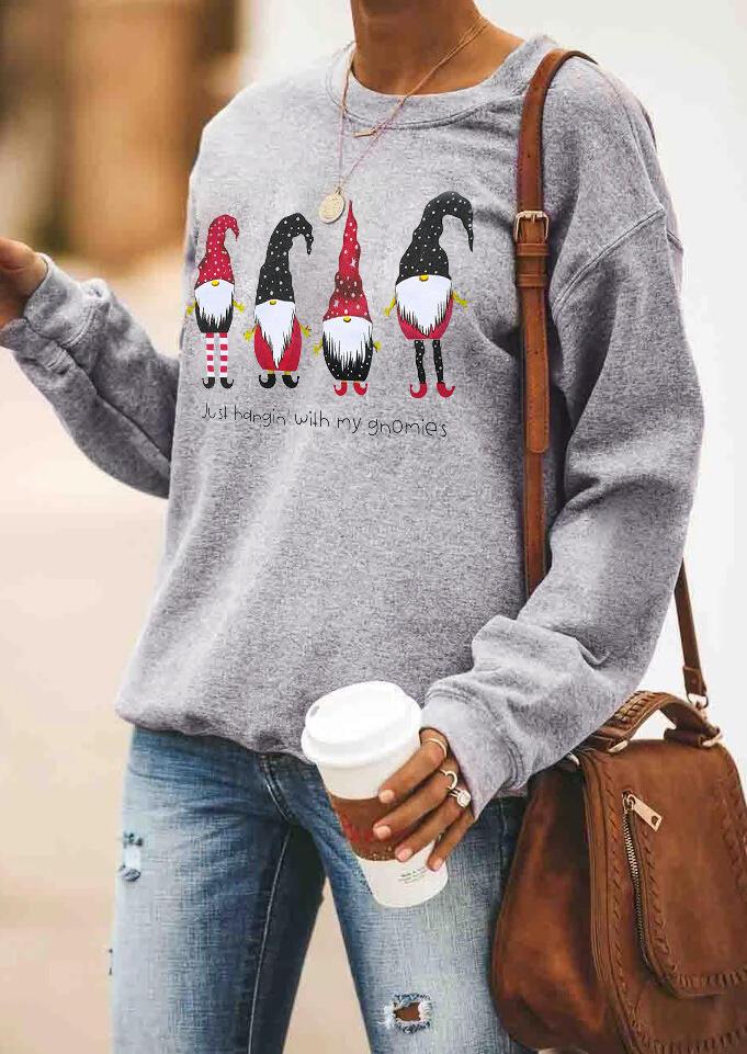 Just Hangin' With My Gnomies Christmas Sweatshirt Jolie Vaughan Mature Women's Clothing Online Boutique Christmas Sweatshirt, O-Neck, Long Sleeves, Casual Loose Fit, Printed With Three Cute Nordic Santa Gardening Gnomies Graphic, Funny Holiday Sweaters, Merry Christmas Sweatshirt, Funny Gnomies Sweatshirt, Funny Nordic Santa Gardening Gnome Sweatshirt