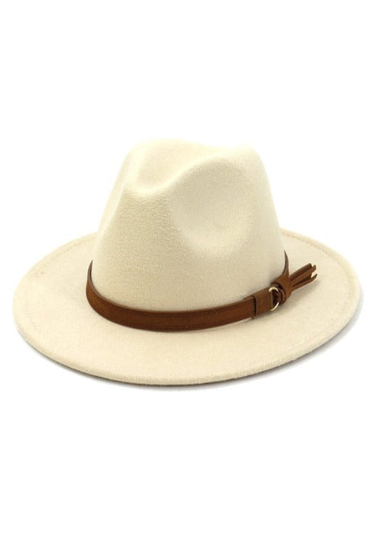 Wide Brim Fashion Hat with Buckle Detail - Jolie Vaughan | Online Clothing Boutique near Baton Rouge, LA The Wide Brim Fedora with buckles detail is a fashionable, wide brimmed hat that will keep you looking classy. You can wear this in any season and it goes well with a dress or pants. The fedora is made of wool felt which provides good protection from the sun while still keeping your head cool.