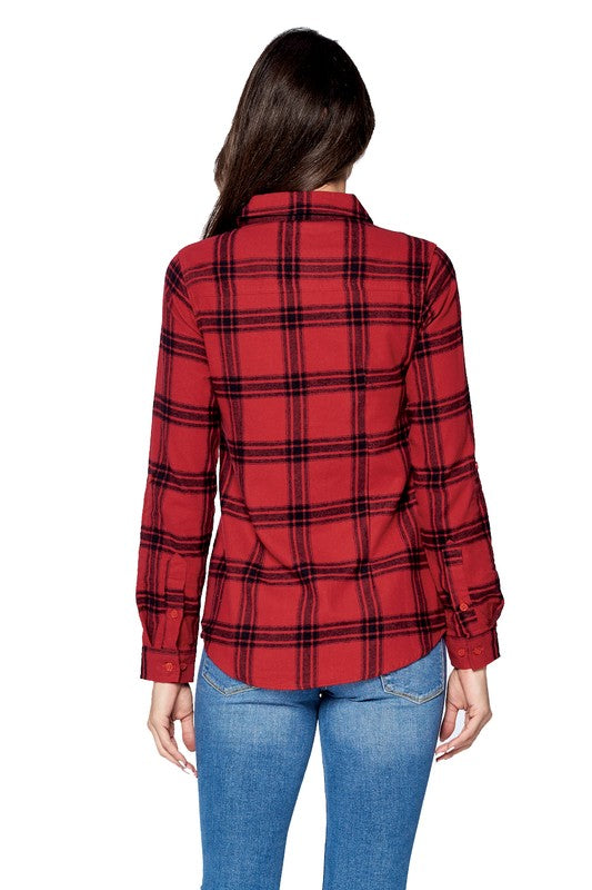 Red Plaid Button Down Long Sleeve Flannel Top freeshipping - Mature Women's Clothing Online | Jolie Vaughan Boutique
