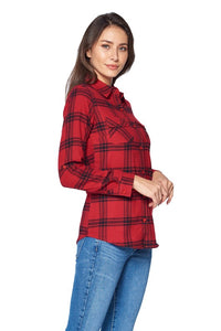 Red Plaid Button Down Long Sleeve Flannel Top freeshipping - Mature Women's Clothing Online | Jolie Vaughan Boutique
