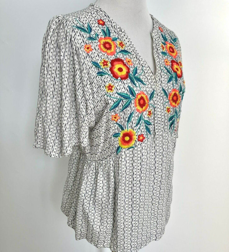 Lightweight The shirt print is in light ivory and a blue-grey color. 100% Rayon Embroidered printed top ngie-Embroderied- BOHO Top-Tops-for-Mature-Women