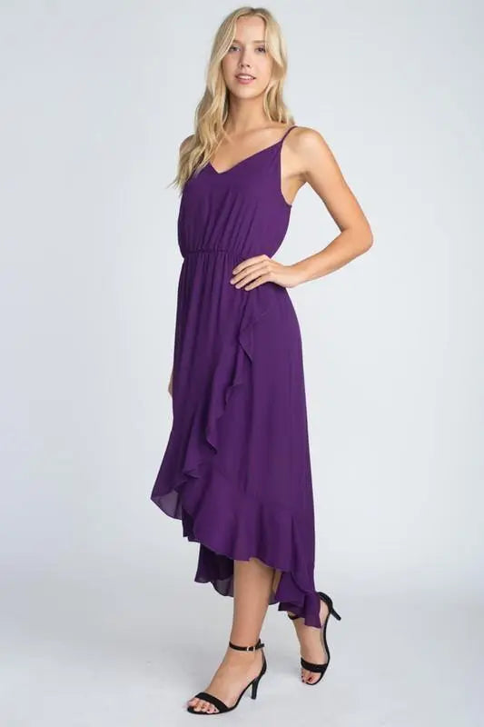 cute clemson gameday outfits-clemson game day outfits-purple gameday clothes--cute tailgate outfits for cold weather-Asymmetrical High-Low Ruffle Hem Dress Jolie Vaughan | Online Clothing Boutique near Baton Rouge, LA