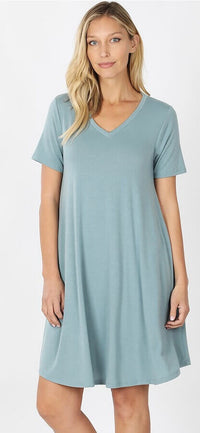 Short sleeve summer tunic dress, higher V-neck and side on-seam pockets. This short sleeve tunic dress is super soft and comfortable.