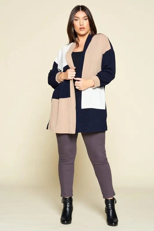 Cecilia Colorblock Open Front Cardigan Jolie Vaughan | Online Clothing Boutique near Baton Rouge, LA Curvy Girl - Open Front - Plus Size - Womens Cardigan - Curvy-Girl - Color Block -  Open Front - Knit Cardigan - Cuff Detail - Made in the USA