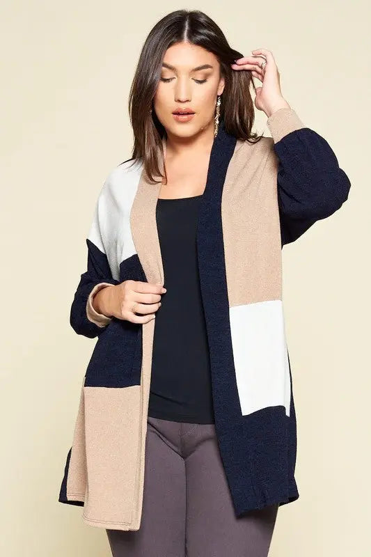 Cecilia Colorblock Open Front Cardigan Jolie Vaughan | Online Clothing Boutique near Baton Rouge, LA Curvy Girl - Open Front - Plus Size - Womens Cardigan - Curvy-Girl - Color Block -  Open Front - Knit Cardigan - Cuff Detail - Made in the USA - Jolie J - Boutique - Plus Size Womens Clothing