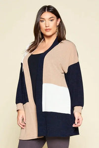 Cecilia Colorblock Open Front Cardigan Jolie Vaughan | Online Clothing Boutique near Baton Rouge, LA Curvy Girl - Open Front - Plus Size - Womens Cardigan - Curvy-Girl - Color Block -  Open Front - Knit Cardigan - Cuff Detail - Made in the USA - Jolie J - Boutique - Plus Size Womens Clothing