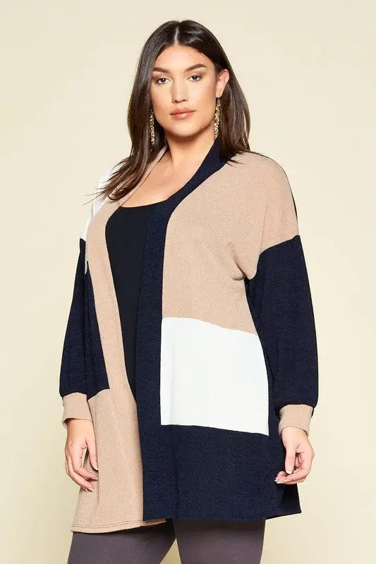 Color-Block Mature Womens Plus Size Women\'s Boutique Open Vaughan Cardigan - Front – - Jolie Online - Clothing