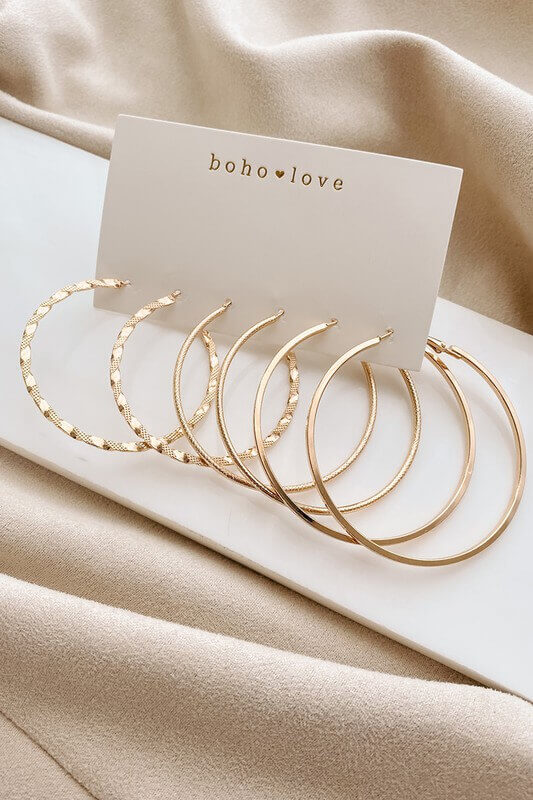 Gold 3-Piece Hoop Earrings Set (Detailed & Thin Mix)