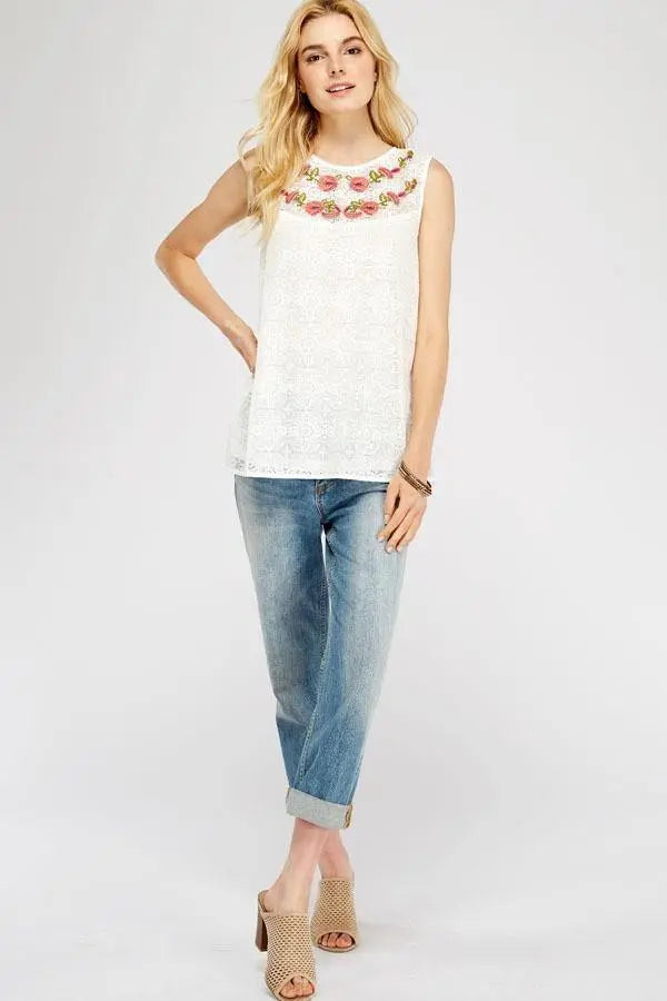 Fancy in Floral Embroidered Boat-Neck Sleeveless Top Jolie Vaughan | Online Clothing Boutique near Baton Rouge, LA