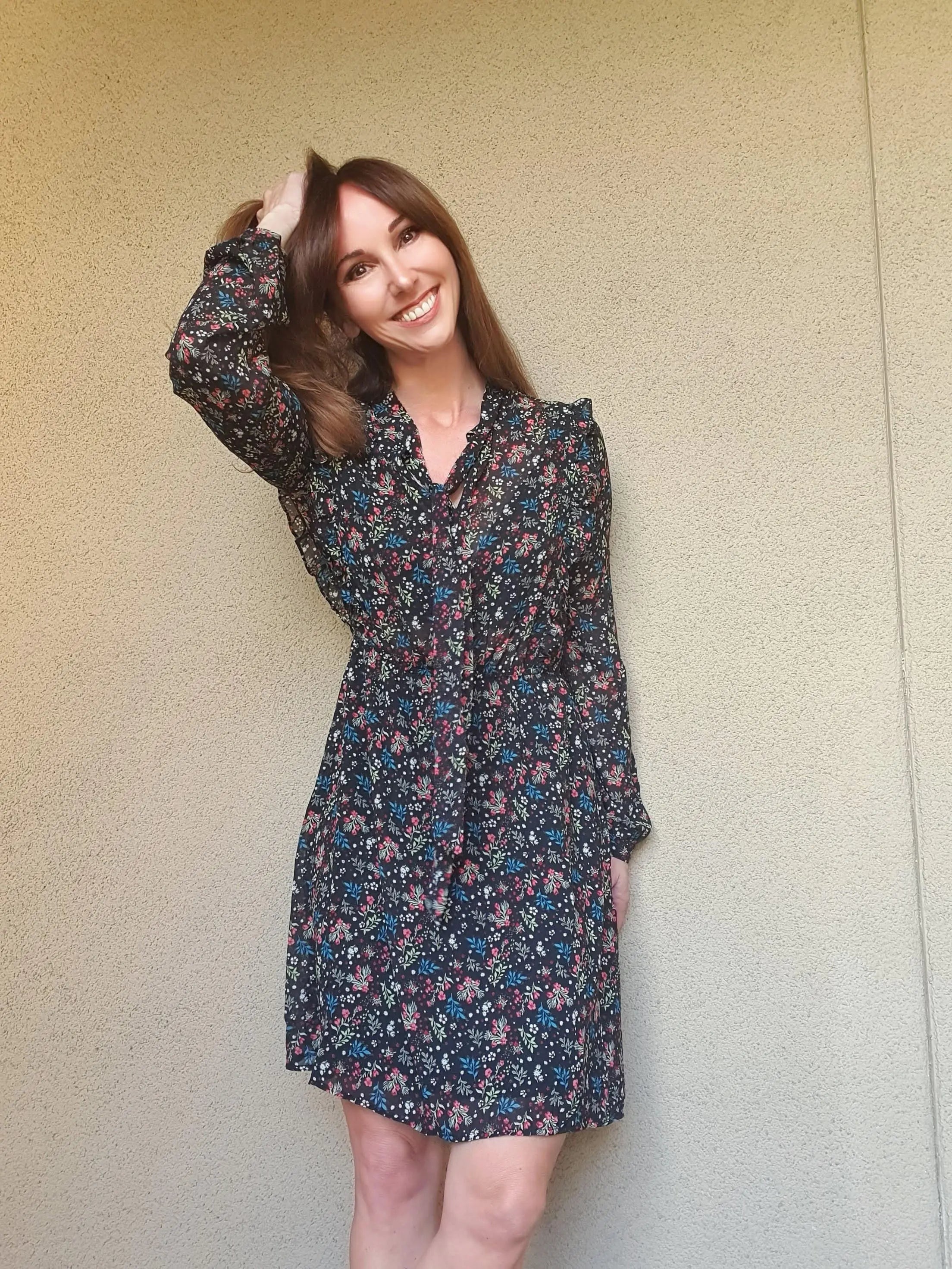 Harper Floral Ruffle Fit Flare Tie Neck Dress Dresses Jolie