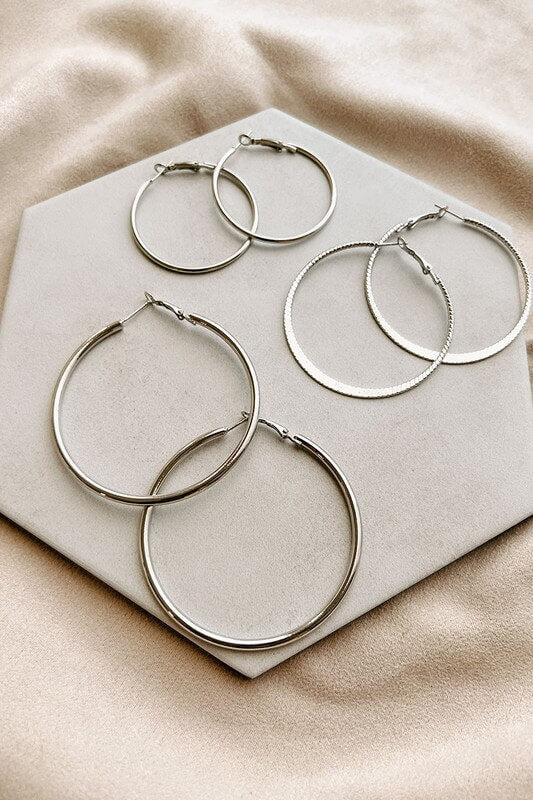 Silver 3-Piece Hoop Earrings Set (Texture & Pattern Mix)