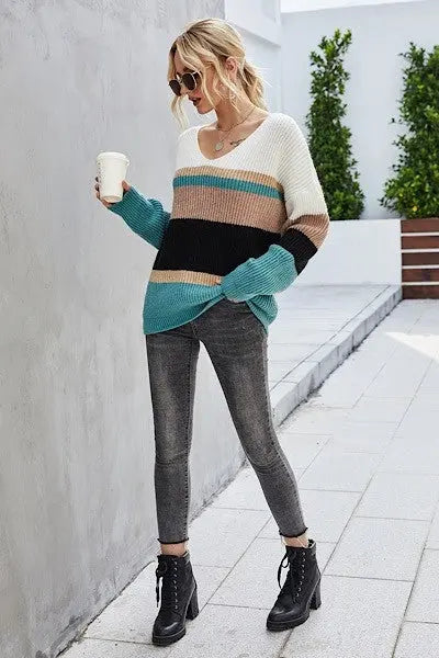 Julia Striped Slouch V-Neck Sweater Jolie Vaughan | Online Clothing Boutique near Baton Rouge, LA