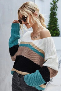 Julia Striped Slouch V-Neck Sweater Jolie Vaughan | Online Clothing Boutique near Baton Rouge, LA