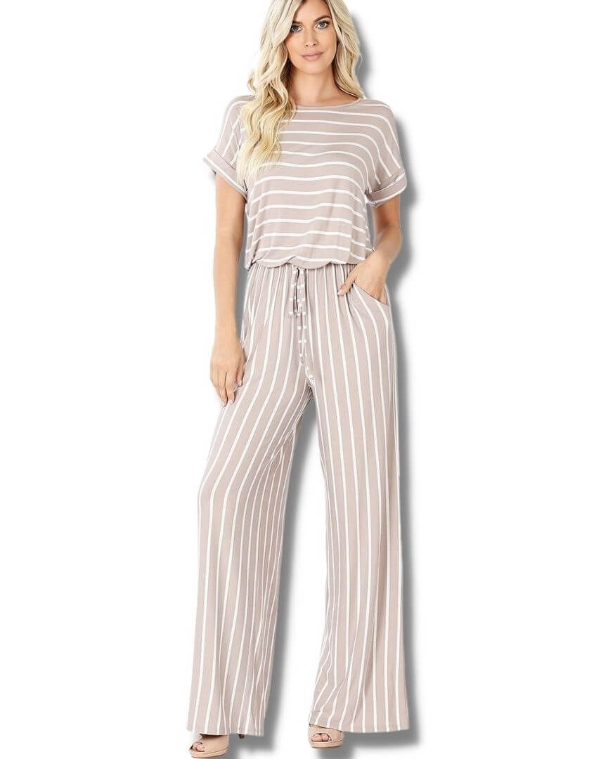 Striped Short Sleeve Jumpsuit-Beige