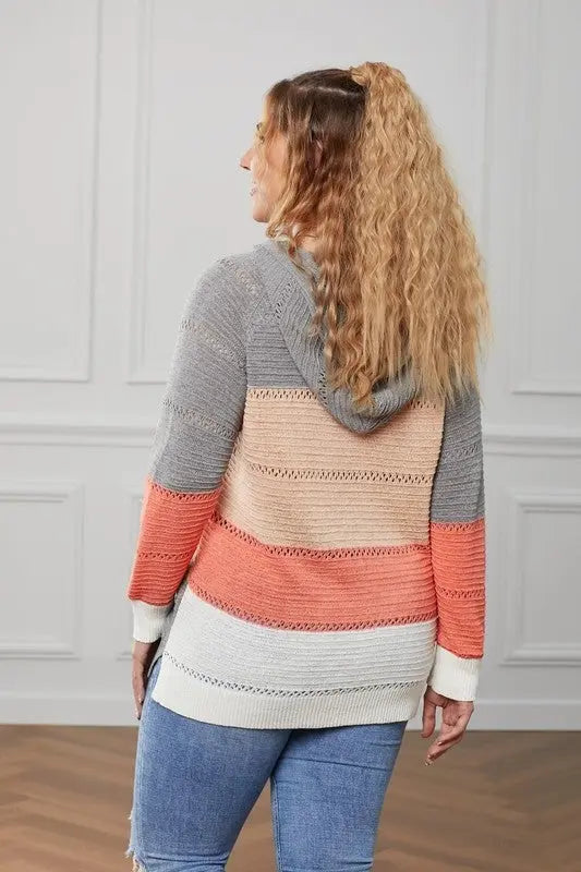 Color block hollow sales out drawstring knitted sweater