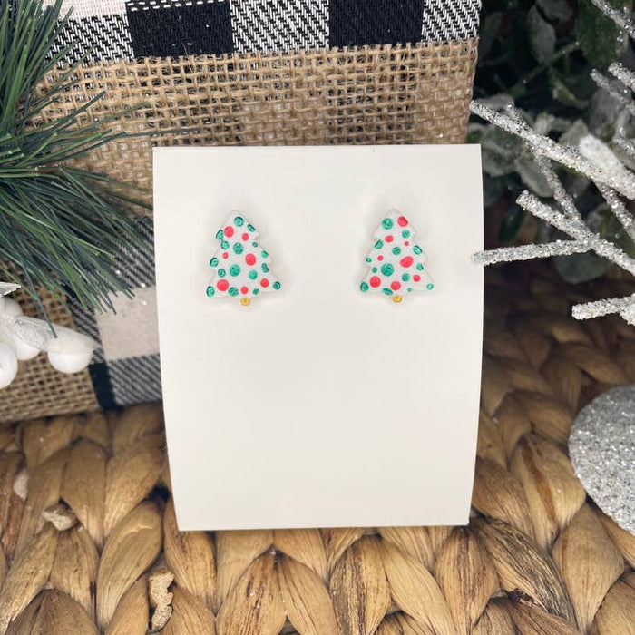 Pearl Dotted Christmas Tree Handmade Clay Earrings