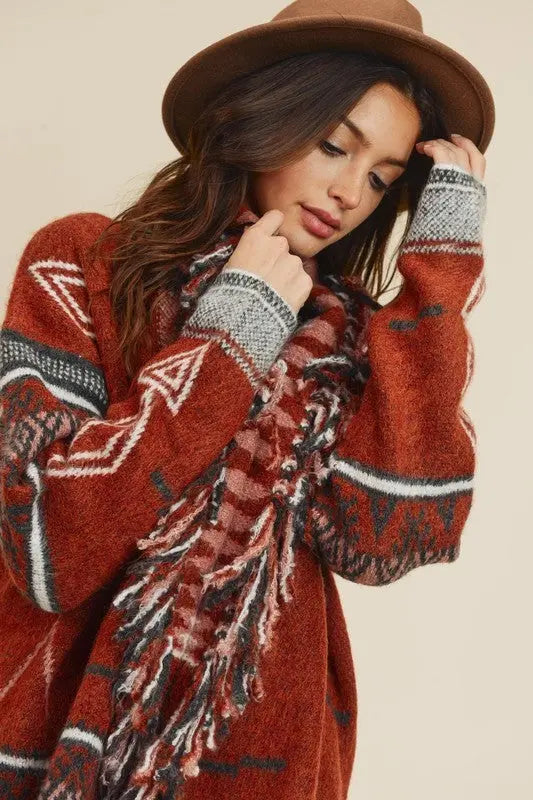 Sienna Aztec Open Front Fringe Cardigan Jolie Vaughan | Online Clothing Boutique near Baton Rouge, LA, on trend, cardigan, layering, add jeans, rich colors, women's clothing, mature women's clothing, clothing for women, afterpay