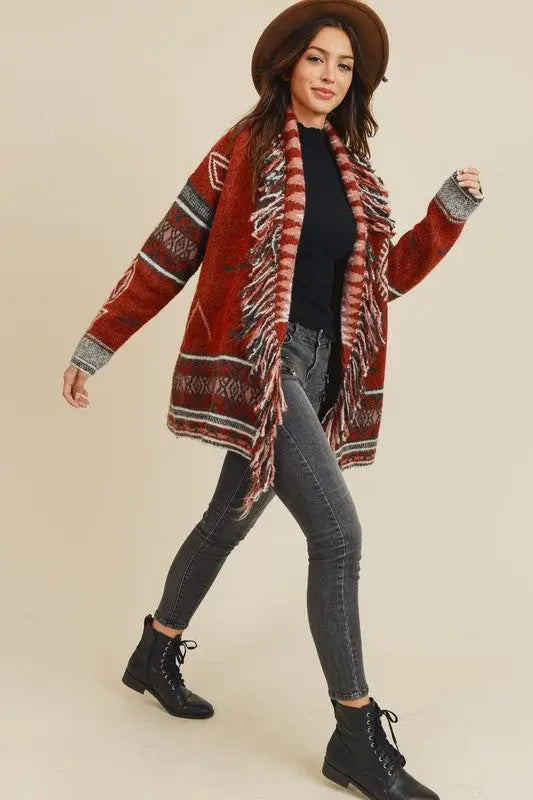 Sienna Aztec Open Front Fringe Cardigan Jolie Vaughan | Online Clothing Boutique near Baton Rouge, LA Sienna Aztec Open Front Fringe Cardigan Jolie Vaughan | Online Clothing Boutique near Baton Rouge, LA, on trend, cardigan, layering, add jeans, rich colors, women's clothing, mature women's clothing, clothing for women, afterpay