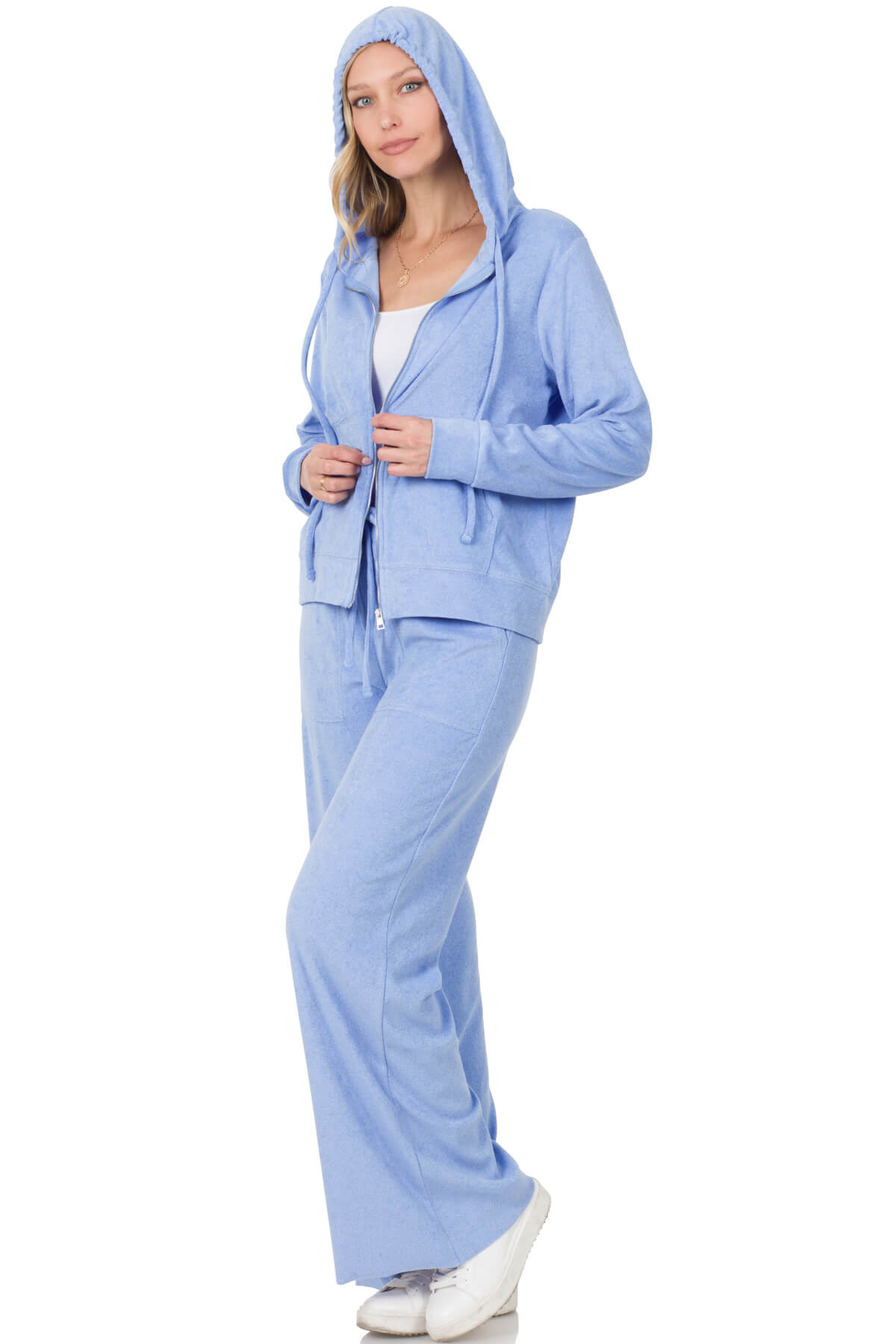 Women's Two Piece Sweat Suit with Hood and Drawstring / Blue