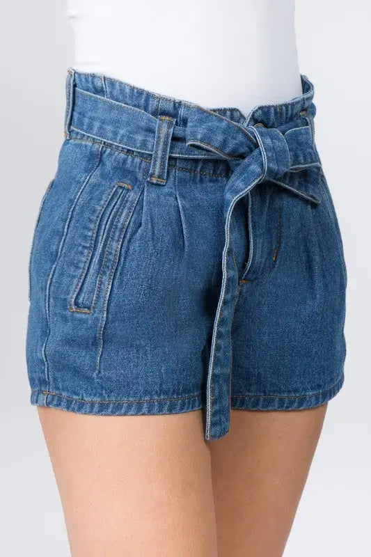 Tie Waist Medium Blue Denim Shorts Jolie Vaughan | Online Clothing Boutique near Baton Rouge, LA